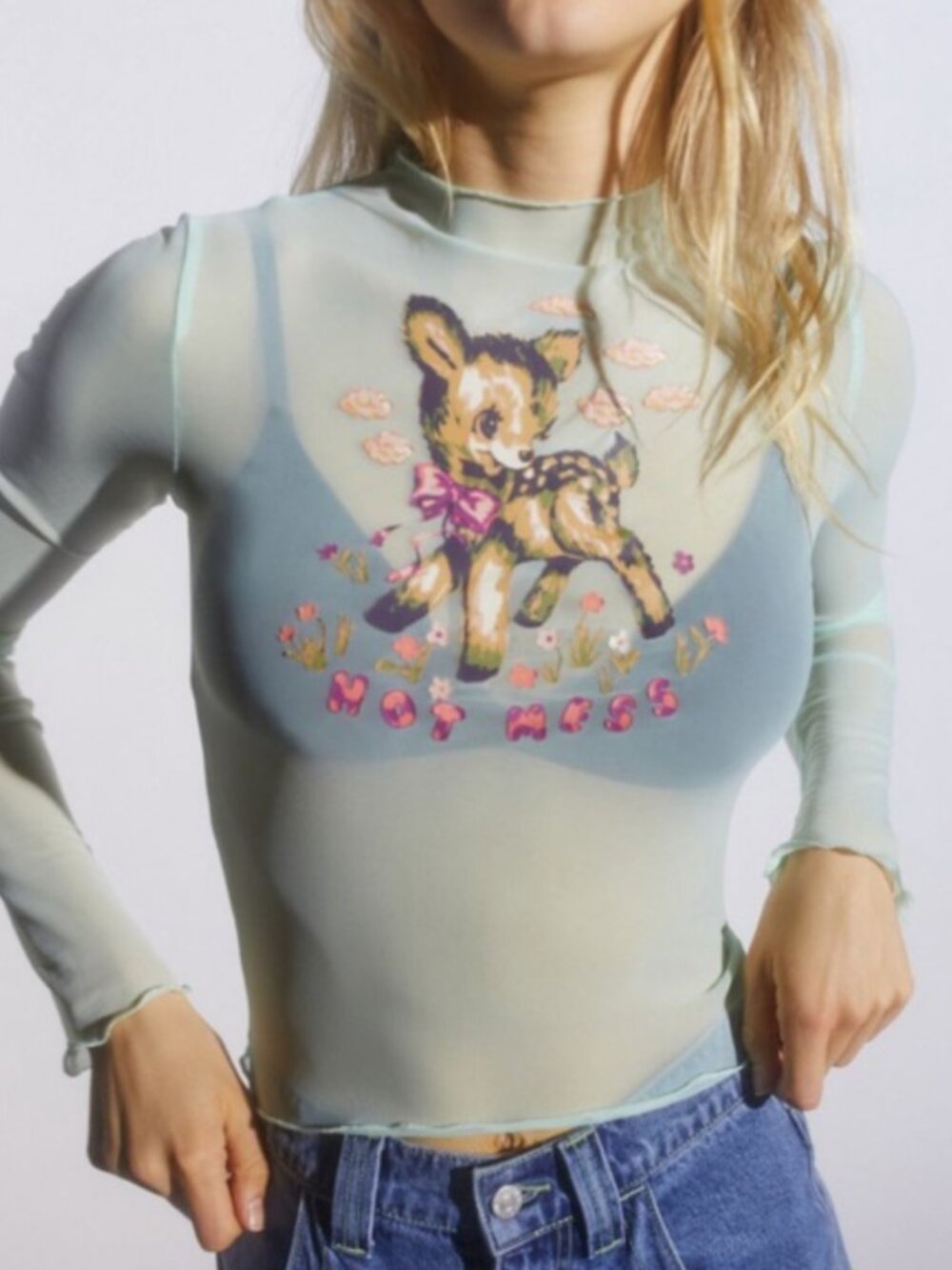 NEW Urban Outfitters UO Teagan Hot Mess Mint Green Mesh L/S Top Small S 90s Y2K